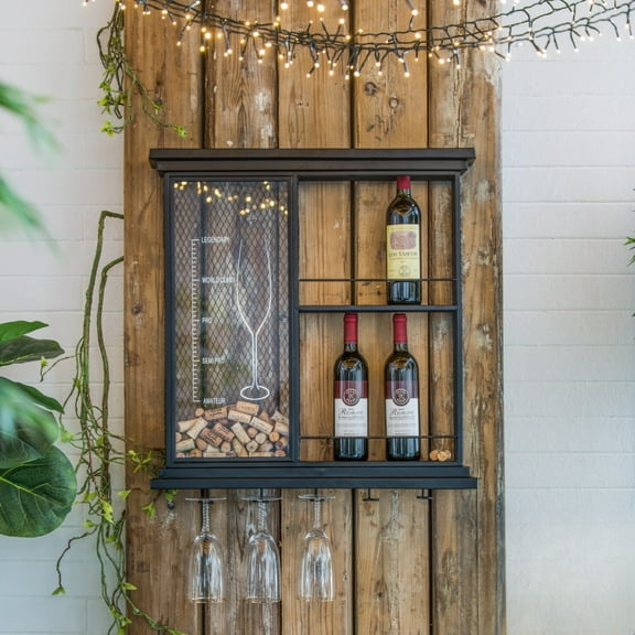 Tcbosik Wine Rack Wall Mounted, Bottle Bar Rack with Glass Holder and Cork Storage for Living Room, Dining Room, Kitchen, Black
