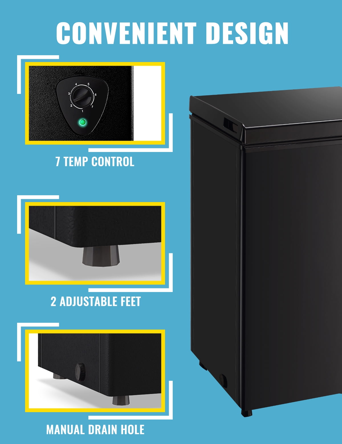 WANAI 60L Chest Freezer with 7 Gears Temp Control, Black Deep Freezers Space-saving two baskets