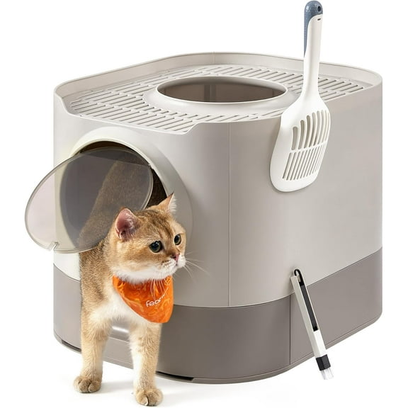 Cat Litter Box with Lid, XL Enclosed Litter Box with Slide-Out Tray, Scoop, Brush, Anti-Tracking, for Cats of Different Sizes, Oatmeal and Warm Gray UPPT002G01