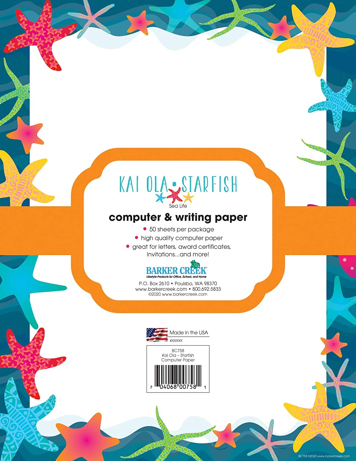 Barker Creek Designer Computer Paper, Kai Ola Starfish, 8.5” x 11”, Decorative Printer Paper, Stationery, 50 Sheets per Pkg, Home, School and Office Supplies (758)