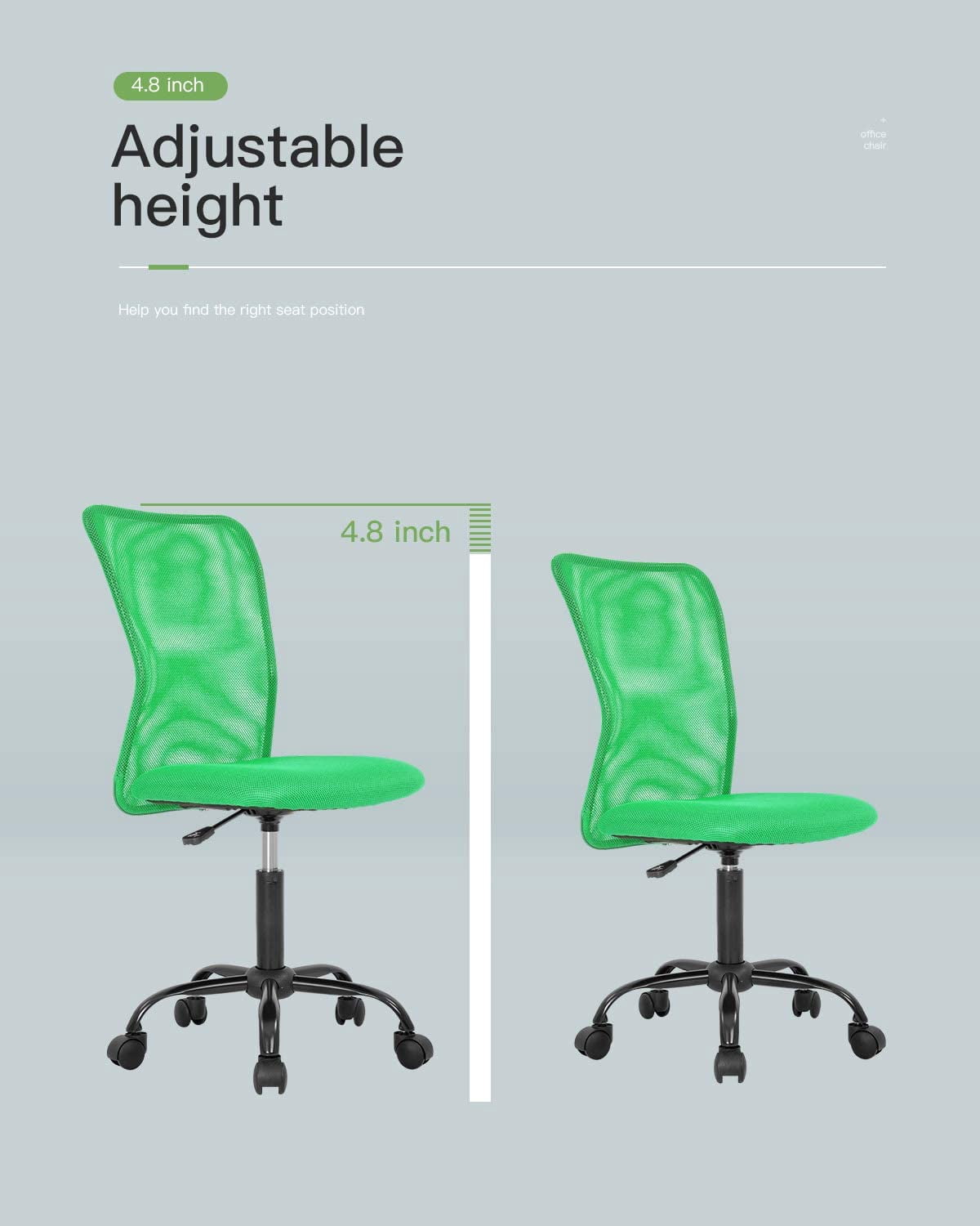 Armless Office Chair Mesh Desk Chair Adjustable Mesh Computer Chair No Arms Task Rolling Chair with Quiet 360°Swivel Wheels for adults, Green