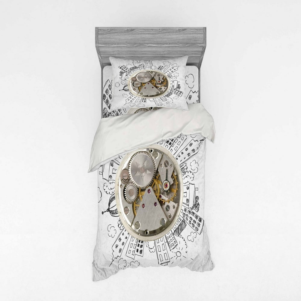 Clock Duvet Cover Set, Alarm Clock with Cloudsd Buildings Around It in