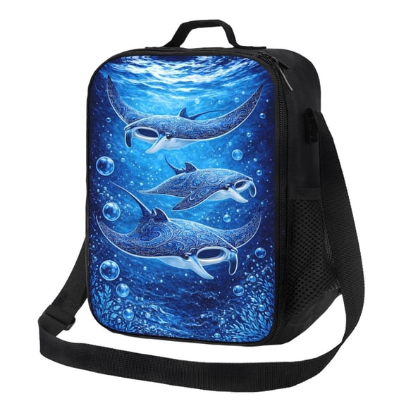 Blue Manta Ray Ocean Lunch Bag Insulated Thermal Box with Shoulder Strap & Handle for Work and Picnic