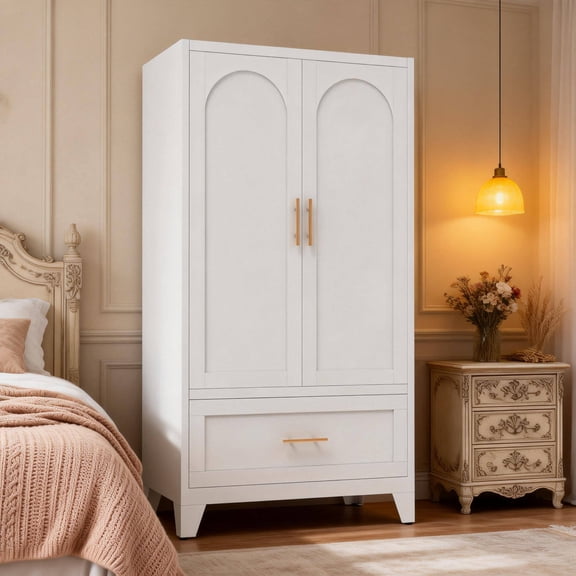 White Metal Wardrobe Cabinet with Arched Design - 60" Freestanding Closet Armoire with 1 Drawer, Hanging Rod & Adjustable Shelf - Heavy Duty Storage Organizer for Bedroom, Nursery & Dorm