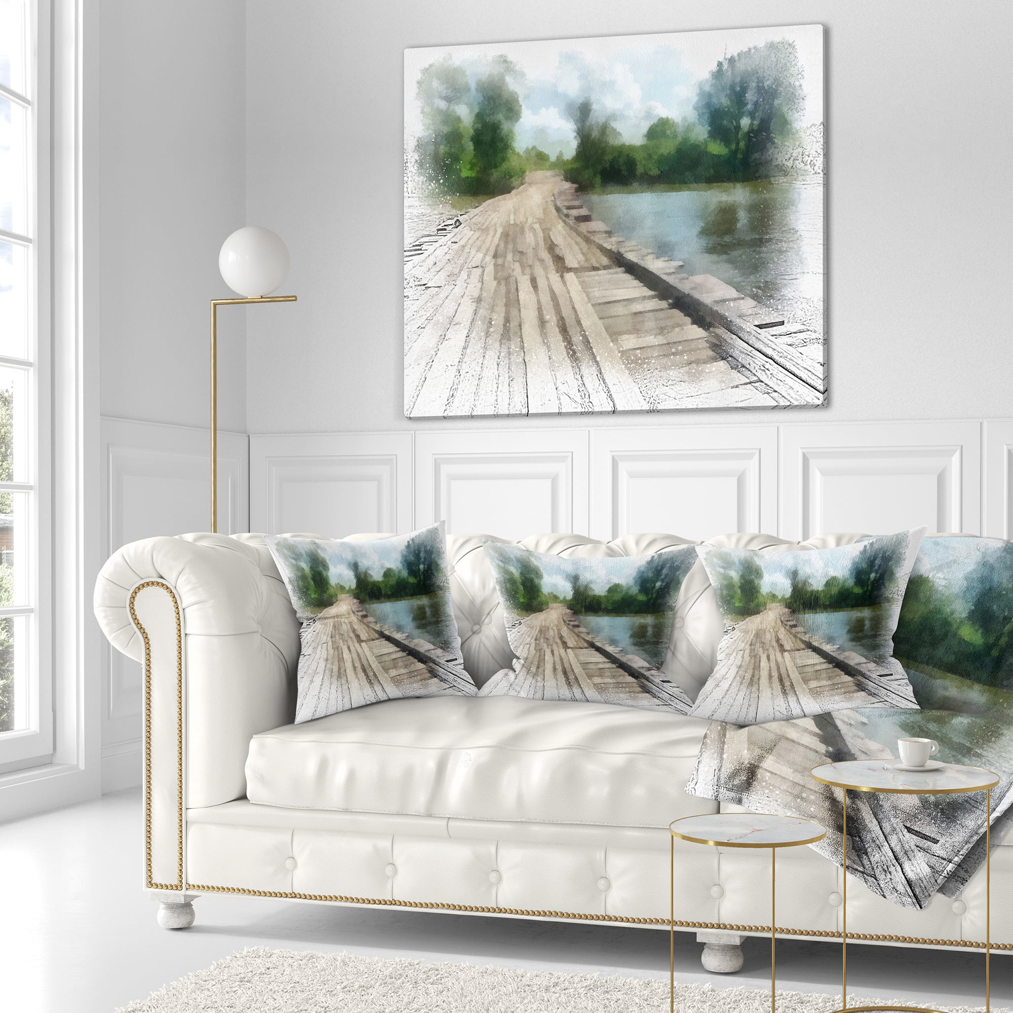 Designart Bridge over Waterfall in Forest - Landscape Printed Throw Pillow - 18x18