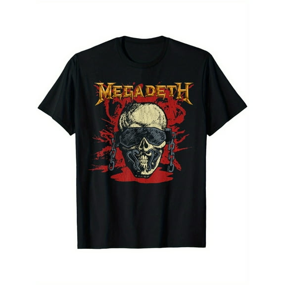 Megadeth Vintage Skull Graphic T-Shirt - Black Cotton Crew Neck Tee with Bold Golden & Red Print, Casual Short Sleeve for Casual Attire, Casual Wear Tee | Edgy Casual Style | Comfortable Fit Shirt