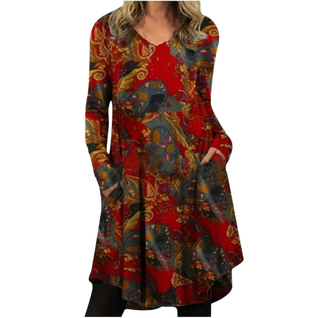 Vestido HUOGUO para mujer, cuello en O, manga larga, estampado floral