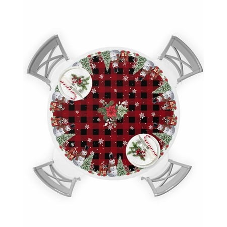 

Round Tablecloth with Elastic Christmas Tree Snowman Snowflake Poinsettia Floral Red Black Plaid Waterproof Table Cover Wipeable Fitted Table Cloths for 45 -54 Round Tables Dining Kitchen