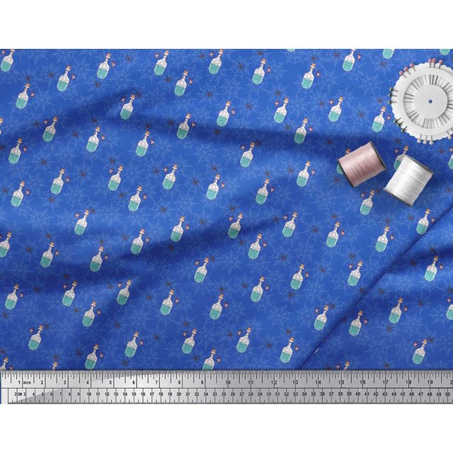 Soimoi Blue polyester Crepe Fabric Spider,Web & Vintage Bottle Decor Fabric Printed Yard 52 Inch Wide