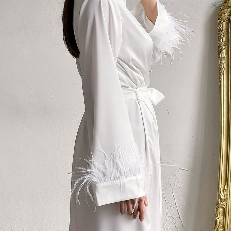 DanceeMangoo Feather Satin Silk Robe Long Sleeves Robes Women Nightgown  White Gown Dress Elegant Bathrobe Female Bride Dresses Winter