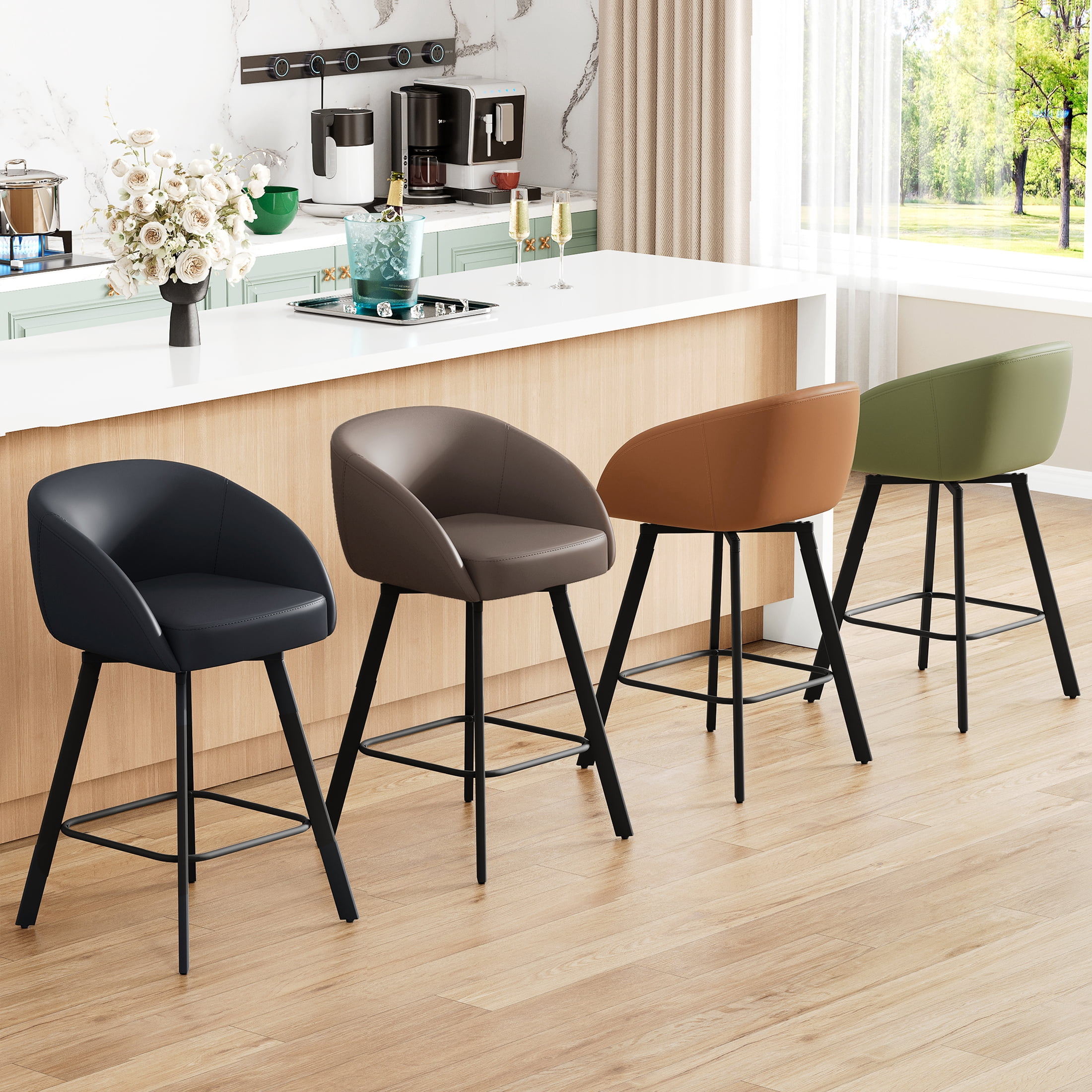 FIRAVOE Bar Stools Set of 2, Swivel Counter Height Bar Stools with Back & Arms (26") Modern Faux Leather Bar Chairs for Kitchen Island, Green