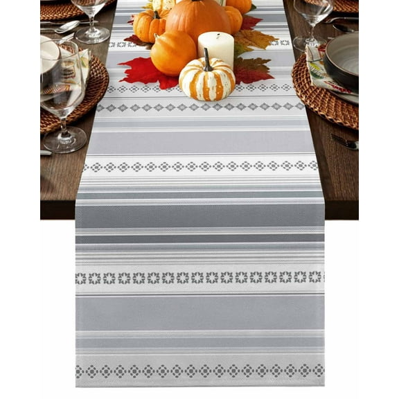 Boho Grey Stripes Table Runner-Cotton Linen- 120 Inch Holiday Dresser Scarves, Rustic Geometric Ethnic Bohemian Tablerunner for Kitchen Coffee/Dining Bedroom Living Room Dinner Scarf Décor 13x120