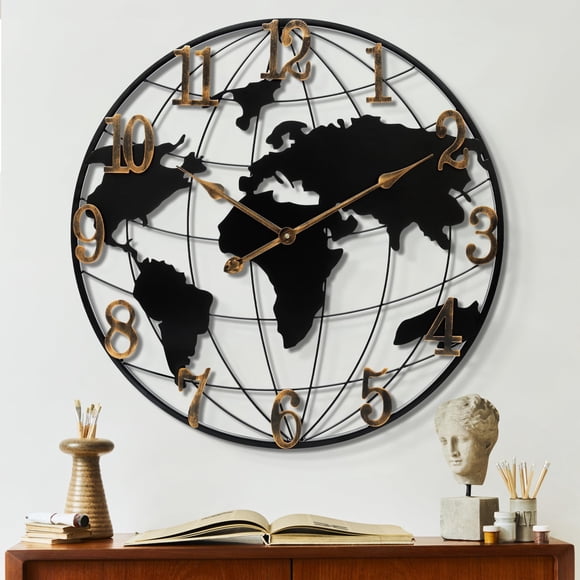 Mee 2ou Large Wall Clock - 24 Inch World Map Minimalist Modern Round Metal Wall Clock Silent Non-Ticking Battery Operated Wall Clocks for Living Room