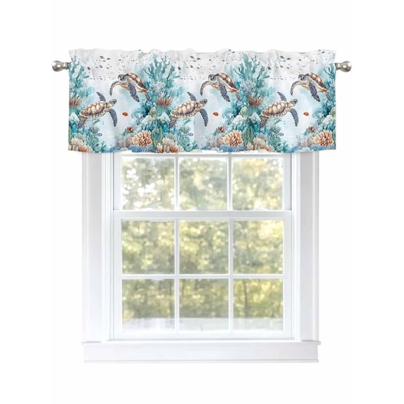 Summer Sea Turtle Valances for Windows, Rod Pocket Kitchen Valance Curtains - Soft & Washable Small Window Treatment for Living Room, Bathroom, Underwater Coral Reef , 42x12 Inch, 1 Panel
