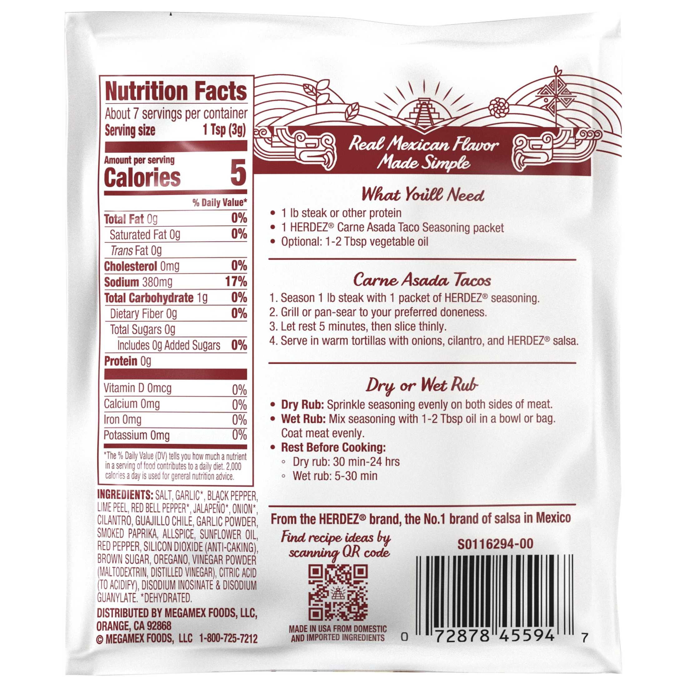 (2 pack) HERDEZ Carne Asada Taco Seasoning Medium, Taco Seasoning with Chile & Garlic, 0.78oz Packet