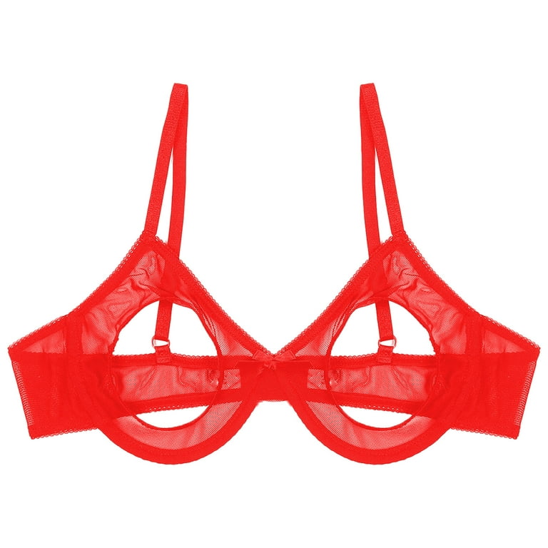 YONGHS Women's Wetlook Leather Floral Lace Cupless Bra Underwire Push Up  Shelf Bralette Bustier Red XL 