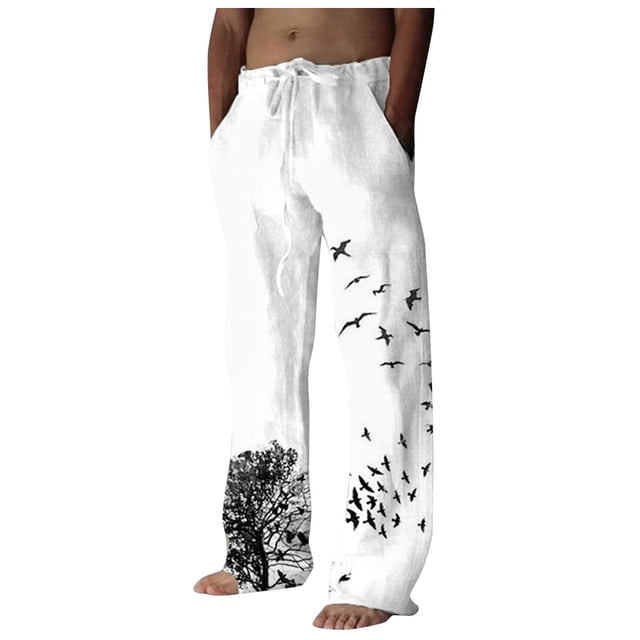 Pantalones de lino y algodón con estampado de pájaros para hombre Pantalones de yoga informales Fridja alkflakhf32815