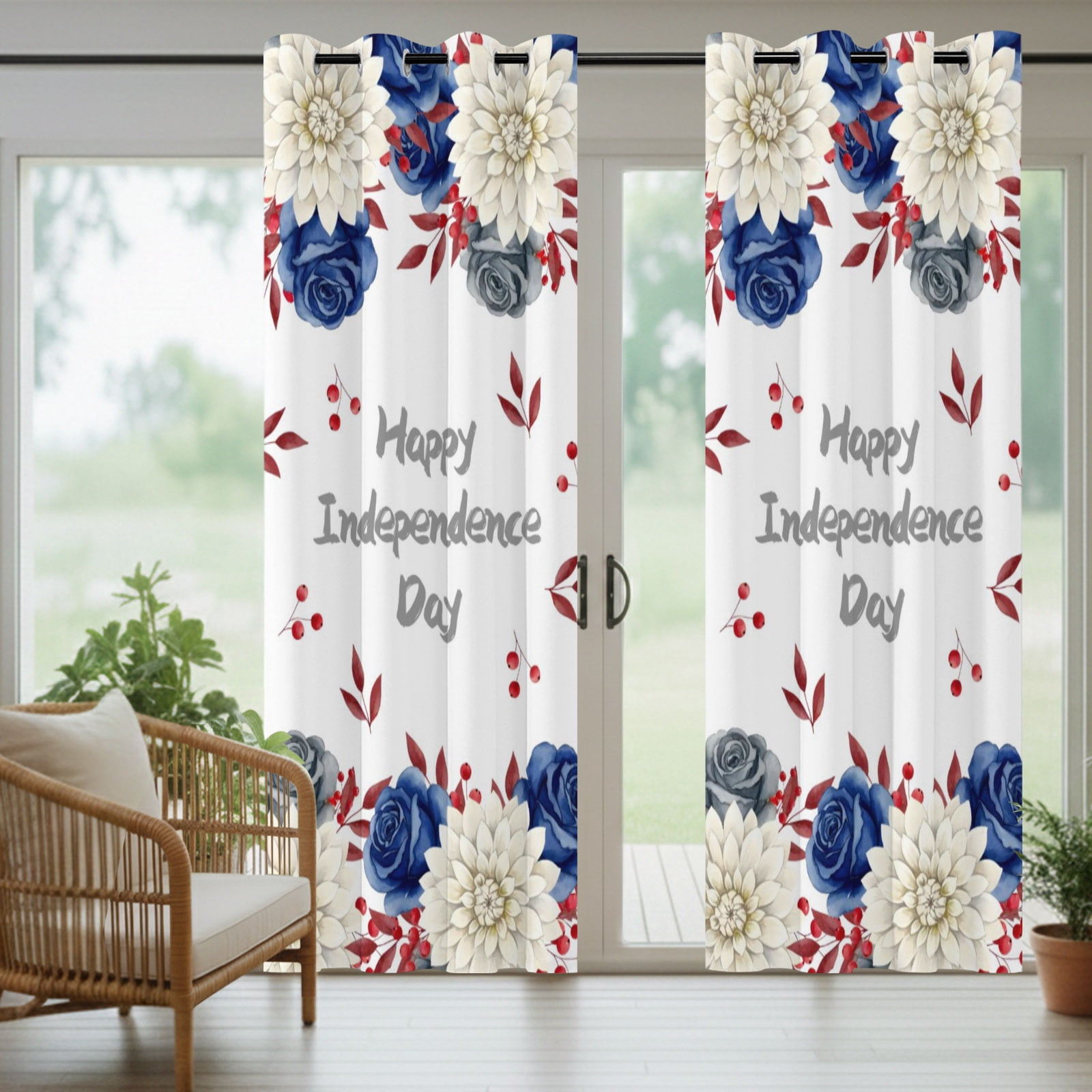 Happy Independence Day Outdoor Curtains for Patio, Red Blue Rose Dahlia Floral Sunshade Privacy Drapes Grommet Waterproof Outside Curtains for Porch/Cabana/Balcony 54"x 84", 2 Panel
