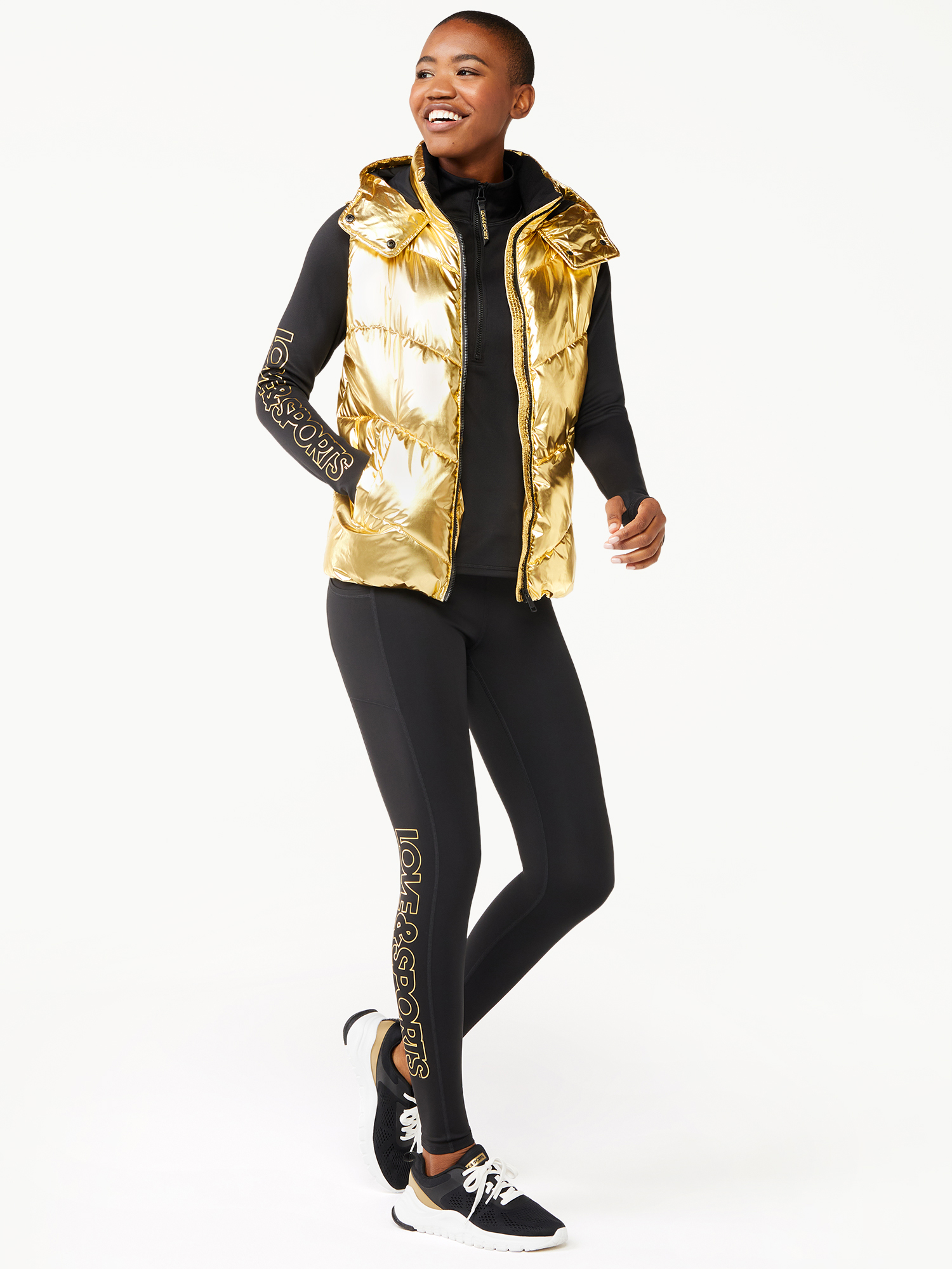 Love & Sports Women's Gold Foil Puffer Vest with Hood - image 3 of 7