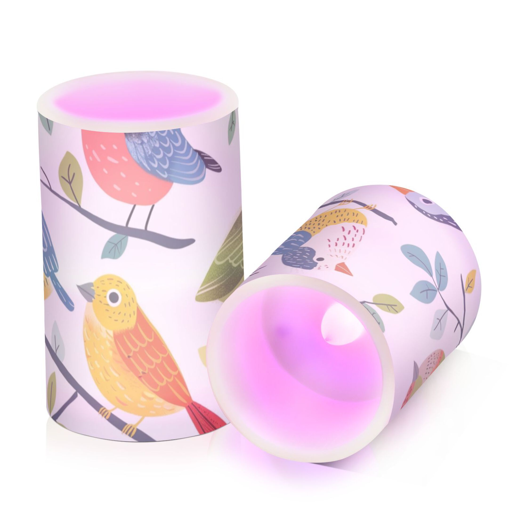 Birds on Branches with Green Leaves Flickering Flameless Candles LED Tealight Battery Operated with Remote Set of 2 Holiday Decor Ornaments