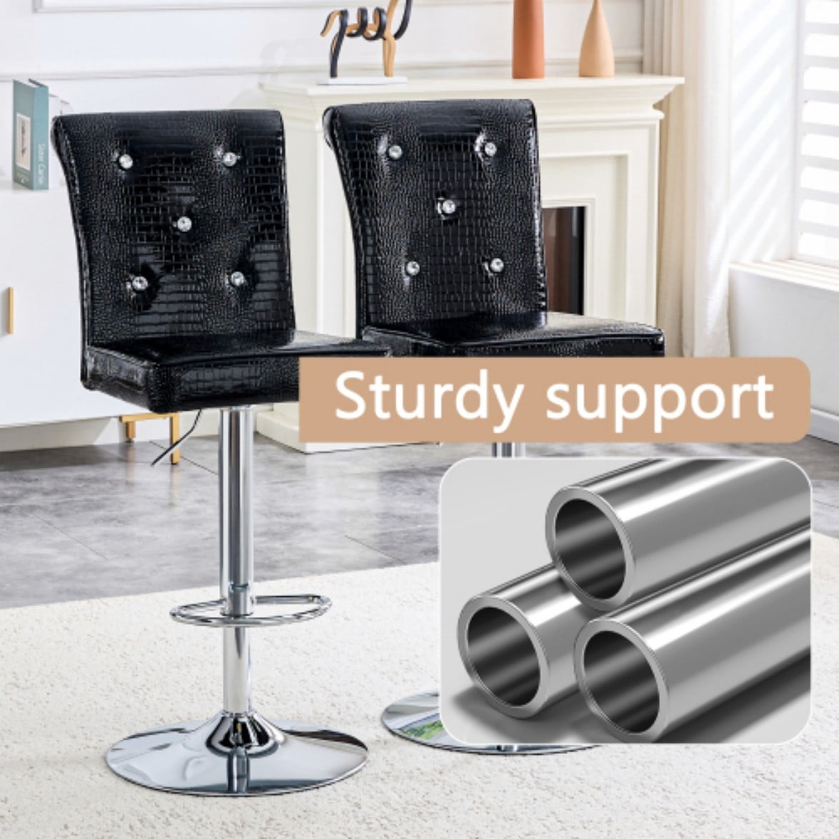 Set of 2 Vintage Bar Stools, Faux Crocodile Leather Upholstered Chairs with Crystal Button Details, Elegant Kitchen Island & Bar Seating. Black & Silver