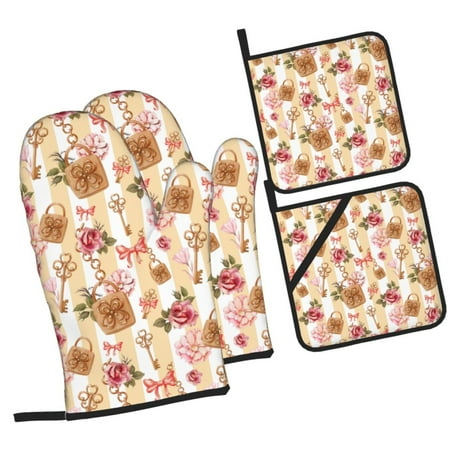 

Tebeau Key Lock And Flowers Print 4 Pcs Oven Mitts and Pot Holders 500°F High Heat Resistant Kitchen Oven Mitts with Pot holders Long Oven Mitts for Baking and Cooking