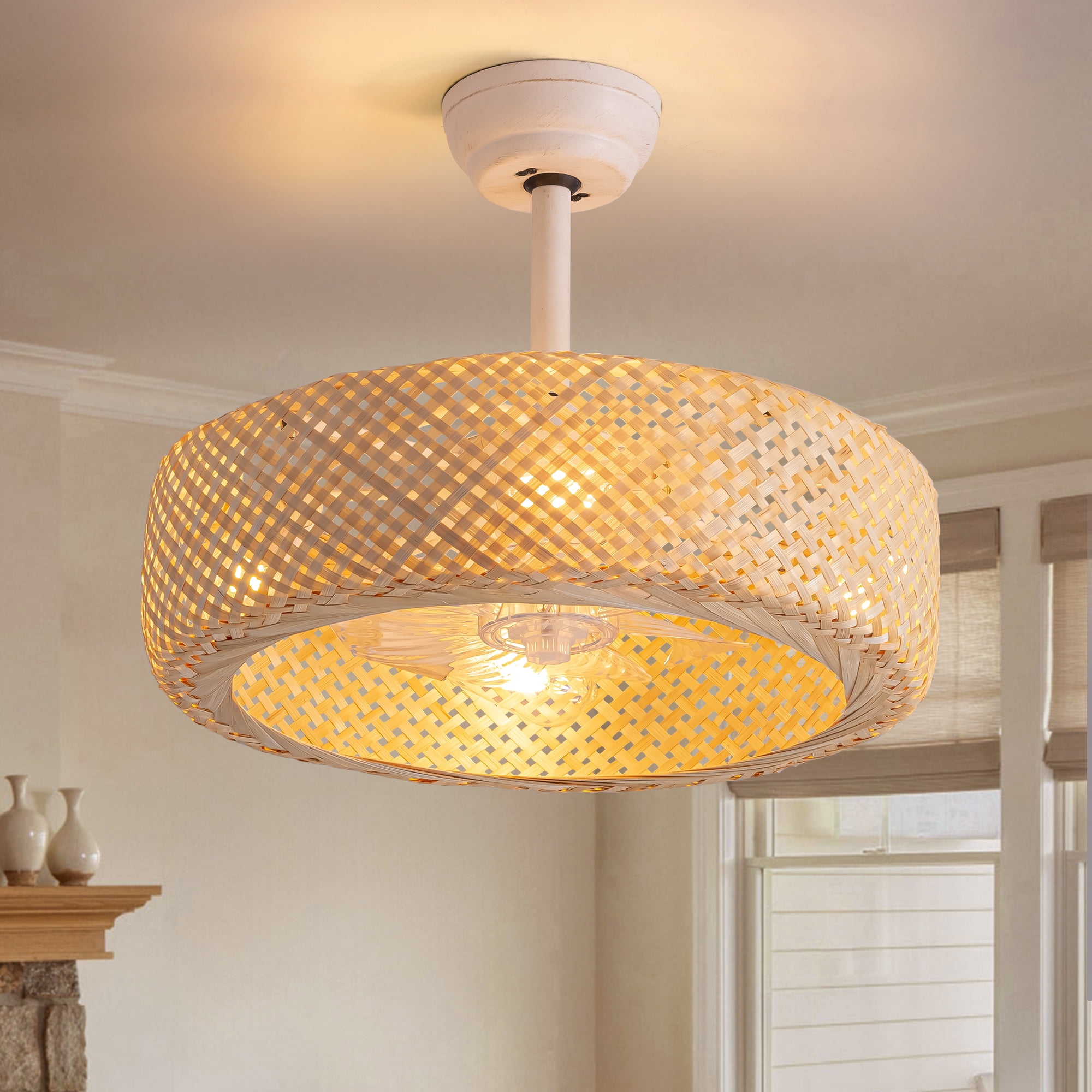 HOOMEDELIER 20" Boho Ceiling Fan with Light , Fandelier Ceiling Fan and Remote, Bladeless Caged Fan for Bedroom Living room