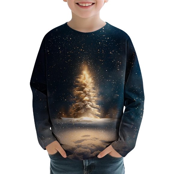 Colorful Boy Girl Elegant Happy Holiday Christmas Lounge Tee Shirts for Children Boy Girl Fall Winter Long Sleeve Boat Neck Print Kawaii Shirt Warm Tops Shirt Child 2025 13 Years