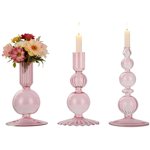 3 Pcs Glass Candle Holder Set, Pink Taper Candle Holders, Modern Ribbed Design, Decorative Table Centerpiece Candlestick Stands for Home, Weddings, Christmas and Parties Decoration