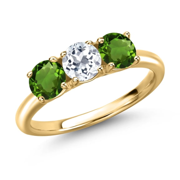 Gem Stone King 18K Yellow Gold Plated Silver White Topaz and Green Chrome Diopside Engagement Ring for Women | 1.60 Cttw | Round 5MM | Gemstone November Birthstone | Size 8