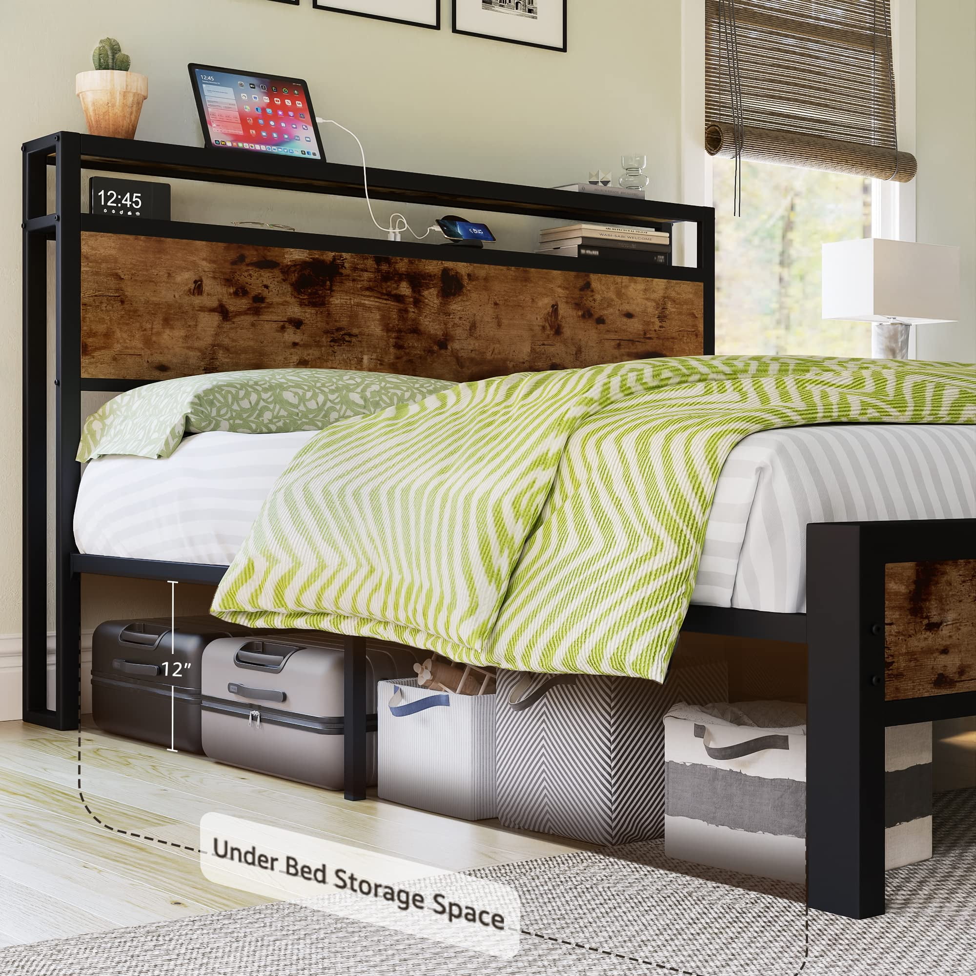 VanAcc Full Size Metal Bed Frame with 2-Tier Storage Headboard and Charging Station, Rustic Brown