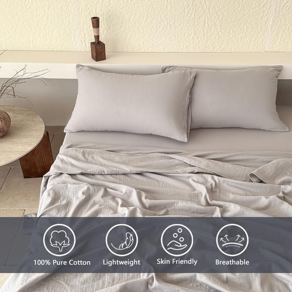 Muslin Cotton Sheet Set Queen Size, 2-Layer Washed Cotton Gauze Linen Feel Like Bed Sheets, 4-Pieces Bed Blanket Sheet Set with Deep Pocket(Gray,Queen)