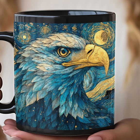 Starry Night Bald Eagle Mug | Black Ceramic Coffee Cup 11oz 15oz