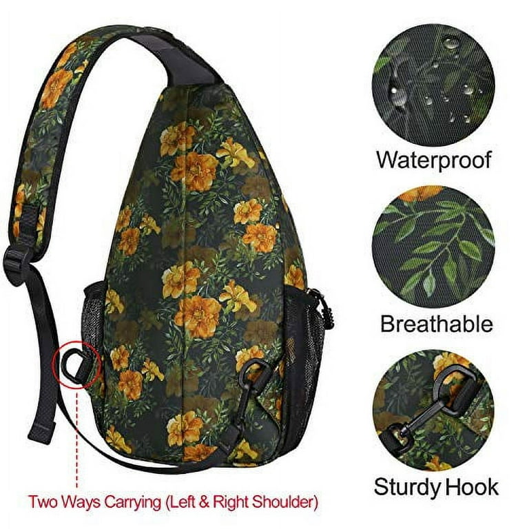 MOSISO Polyester Sling Bag Backpack Travel Hiking Outdoor Sport Crossbody Shoulder Bag Multipurpose Daypack for Women Men, Black Chrysanthemum, adult