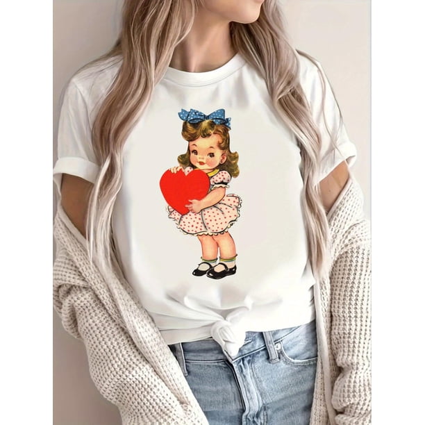 Women'S Valentine'S Day T-Shirt, Cartoon Girl with Red Heart Print, Casual Crew Neck, Short Sleeve, Camisetas para mujer, lindas camisetas con estampado gráfico, de manga corta, estilo casual, para ve