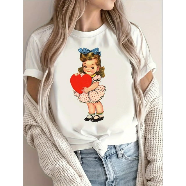 T-Shirt de la Saint-Valentin pour Femmes, Fille de Dessin Animé avec Imprimé Cœur Rouge, Col Rond Décontracté, Manches Courtes, Tricoté avec Légère Élasticité, Coupe Régulière pour Toutes les Saisons, Fête des Pères, Fête des Mères, Nouvel An, Sp