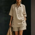thumbnail image 2 of Womens Plus Size Cotton Linen Shorts Sets Summer Outfits with Button, Oversized Tops and Bermuda Shorts 2 Piece Matching Lounge Sets Tracksuits, Travel Vacation Going Out Suits 2026 Khaki XL, 2 of 8