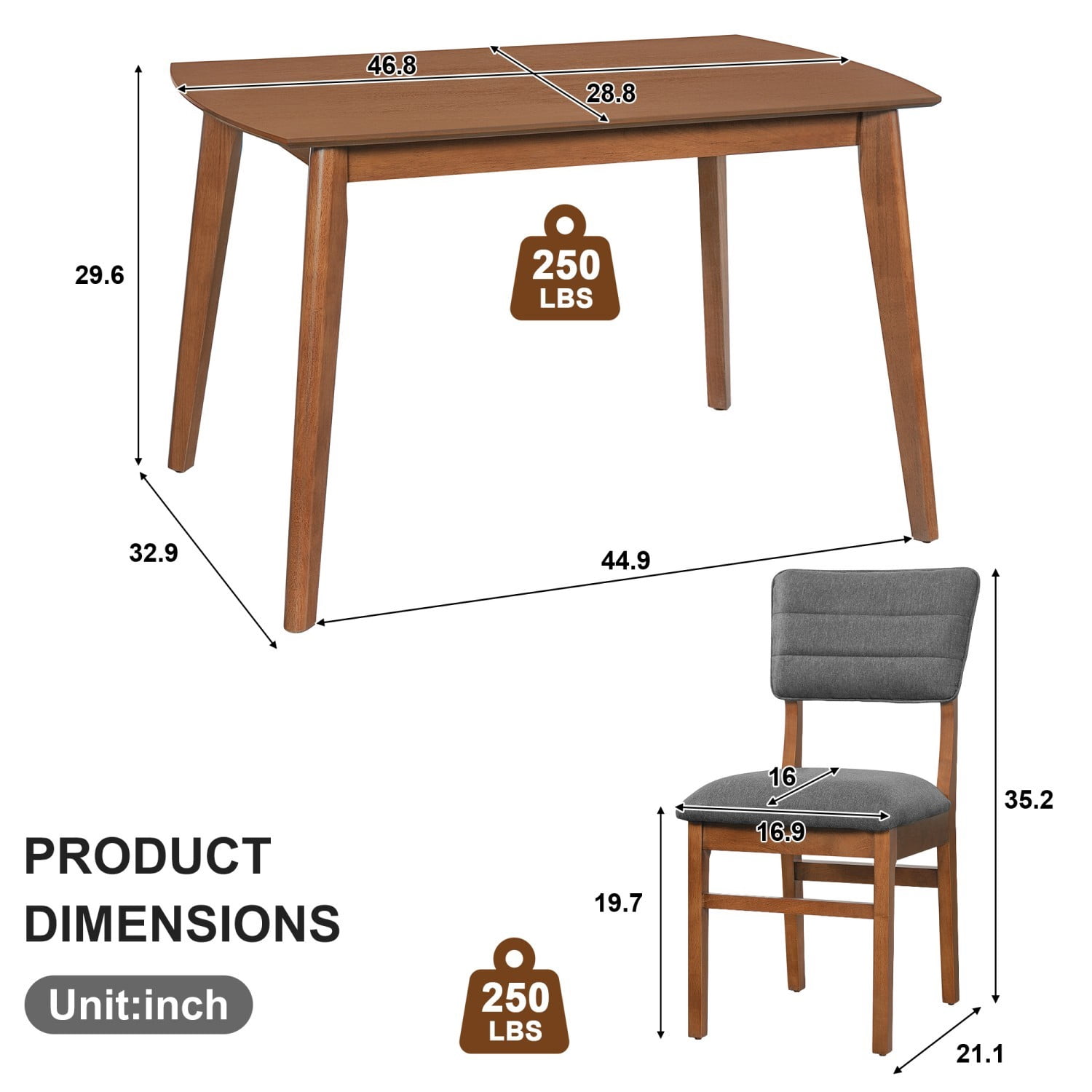 Farmhouse Dining Table Set for 4, Wood Kitchen Table with Upholstered Chairs, Rubberwood Frame, Padded Seats & Curved Backrests, Space-Saving Dinette Set for Dining Room, Brown & Gray