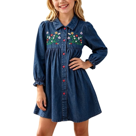 HBGVBA Girls Collared Denim Dress Teen Long Sleeve Lapel Jean Shirt Dresses Solid Color Floral Embroidery Fashion Belt 1-8 Years