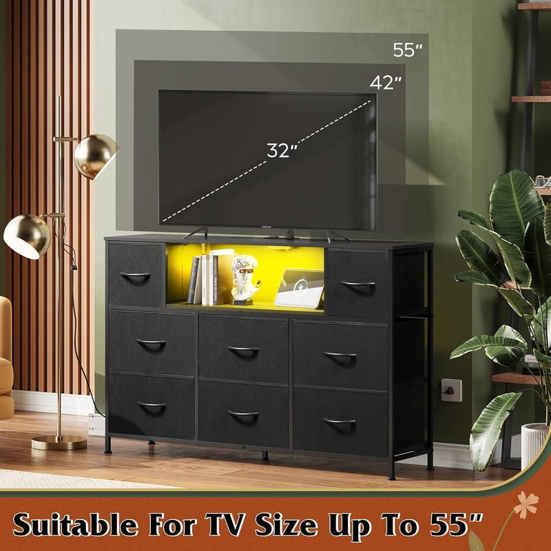 Bigleap LED TV Stand with Charging Station, Music-Sync Light Up Entertainment Center, 8 Fabric Drawer Dresser for Bedroom & Living Room, Black(Fits 45-55 inch TV)