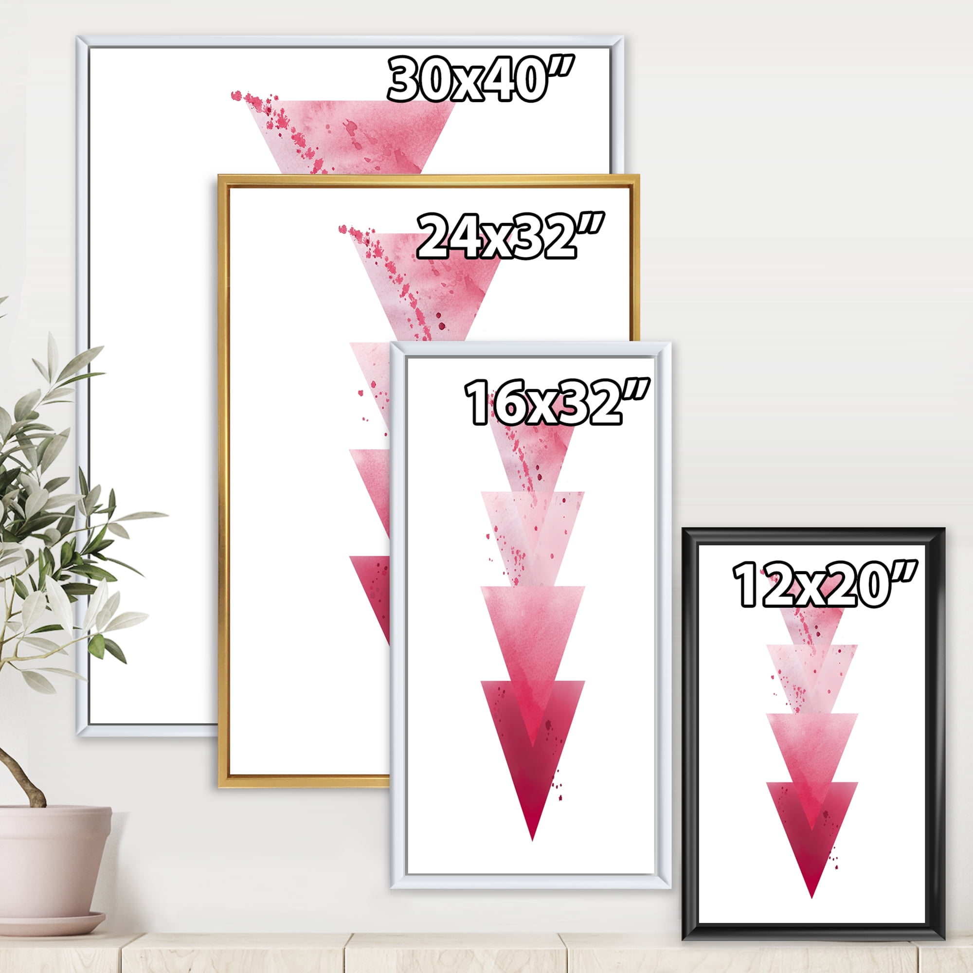 Designart 'Abstract Geometric Art Red Triangles Composition' Modern Framed Canvas Wall Art Print