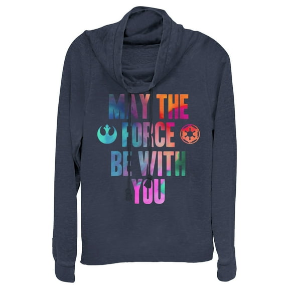 Junior's Star Wars Watercolor Force Be With You  Cowl Neck Sweatshirt Navy Blue Small