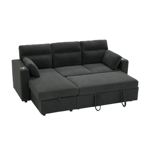 82.5" Convertible L-Shaped Pull-Out Sectional Sofa Bed with Storage Chaise, Cup Holders, and 2 Pillows, Modern Foil Fabric Sleeper Sofa for Living Room, Apartment, Dark Gray