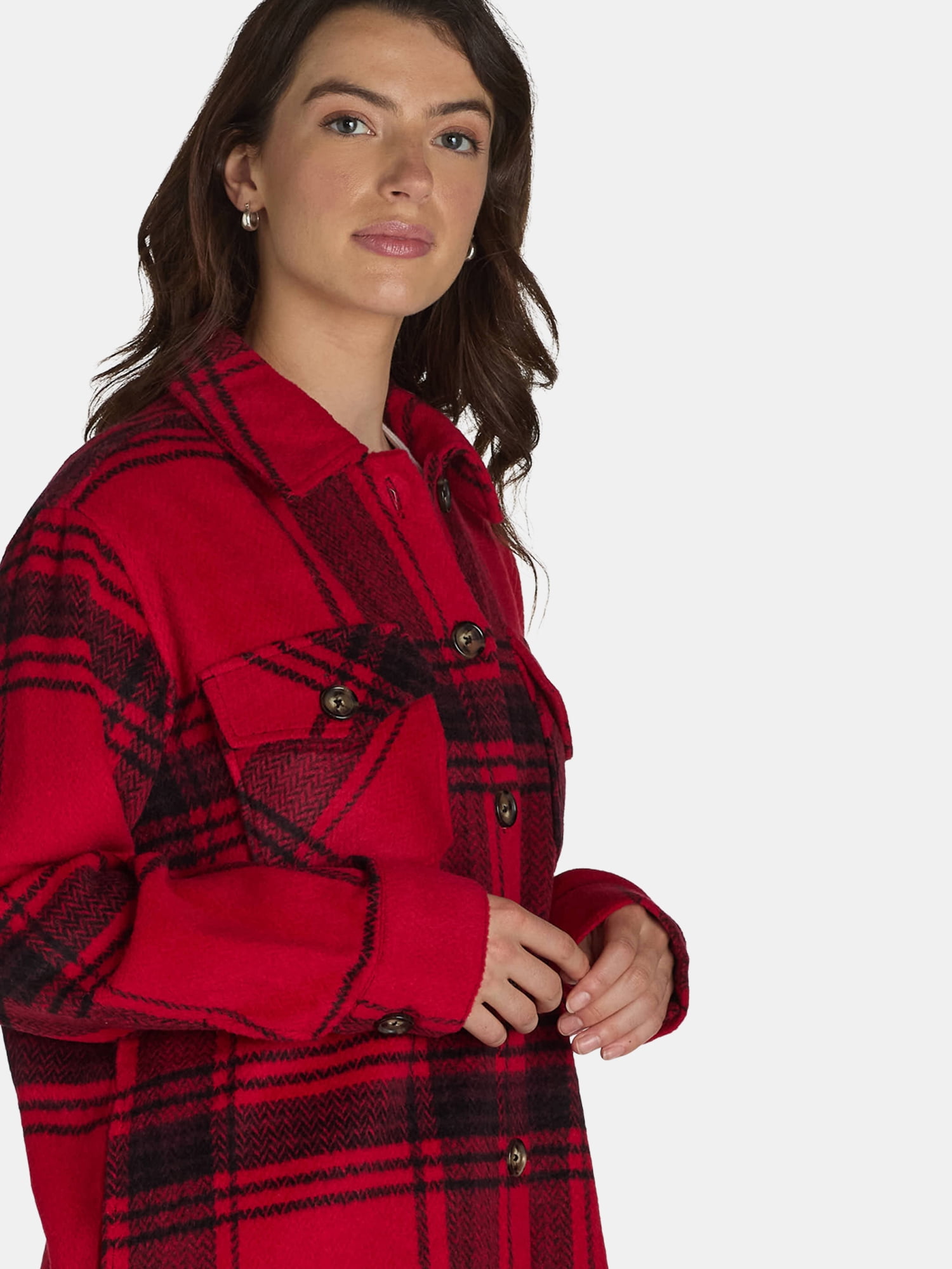 Time and Tru Women's Plaid Button Front Shacket, XS-XXXL