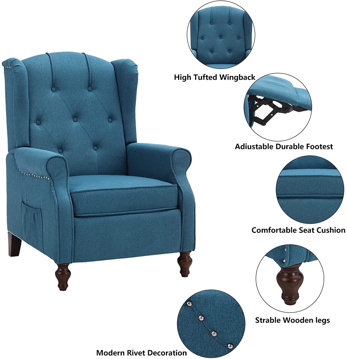 LVUYOYO Wingback Recliner Chair Push Back Arm Chair with Heat and Massage Tufted Single Sofa for Home, Living Room, Office, Bedroom