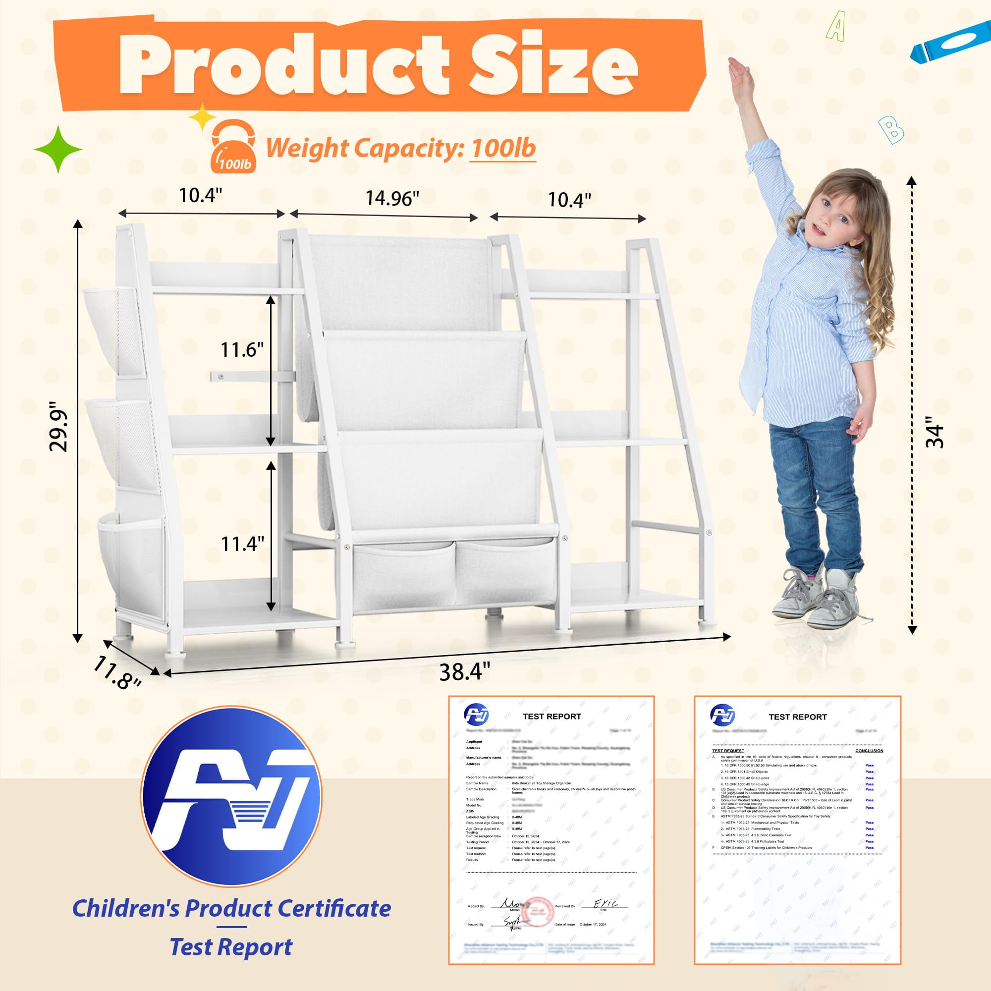Joqixon Kids Bookshelf Large Storage Bookcase: 3-Tier Book Sling Shelf Toy Organizer for Toddler - Display Rack with 3 Pockets for Kids Rooms, Bedroom, Playroom, Nursery (White, Wood + Metal)