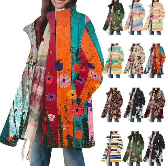 Women's Warm Quilted Lightweight Puffer Jacket Women's Casual Warm Clothing Winter Daily Printed Loose Collar Button Long Sleeved Jacket Christmas Gift Multicolor XXL