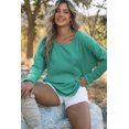 thumbnail image 1 of Women's Green Waffle Knit Splicing Buttons Long Sleeve Top, 1 of 14