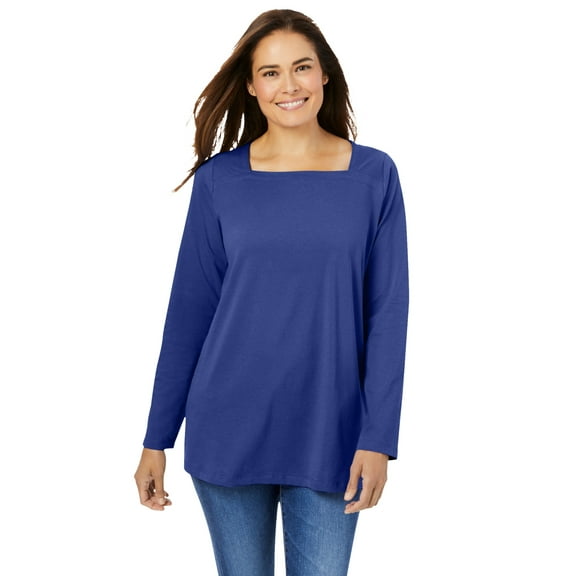 Woman Within Plus Size Perfect Long-Sleeve Square-Neck Tee