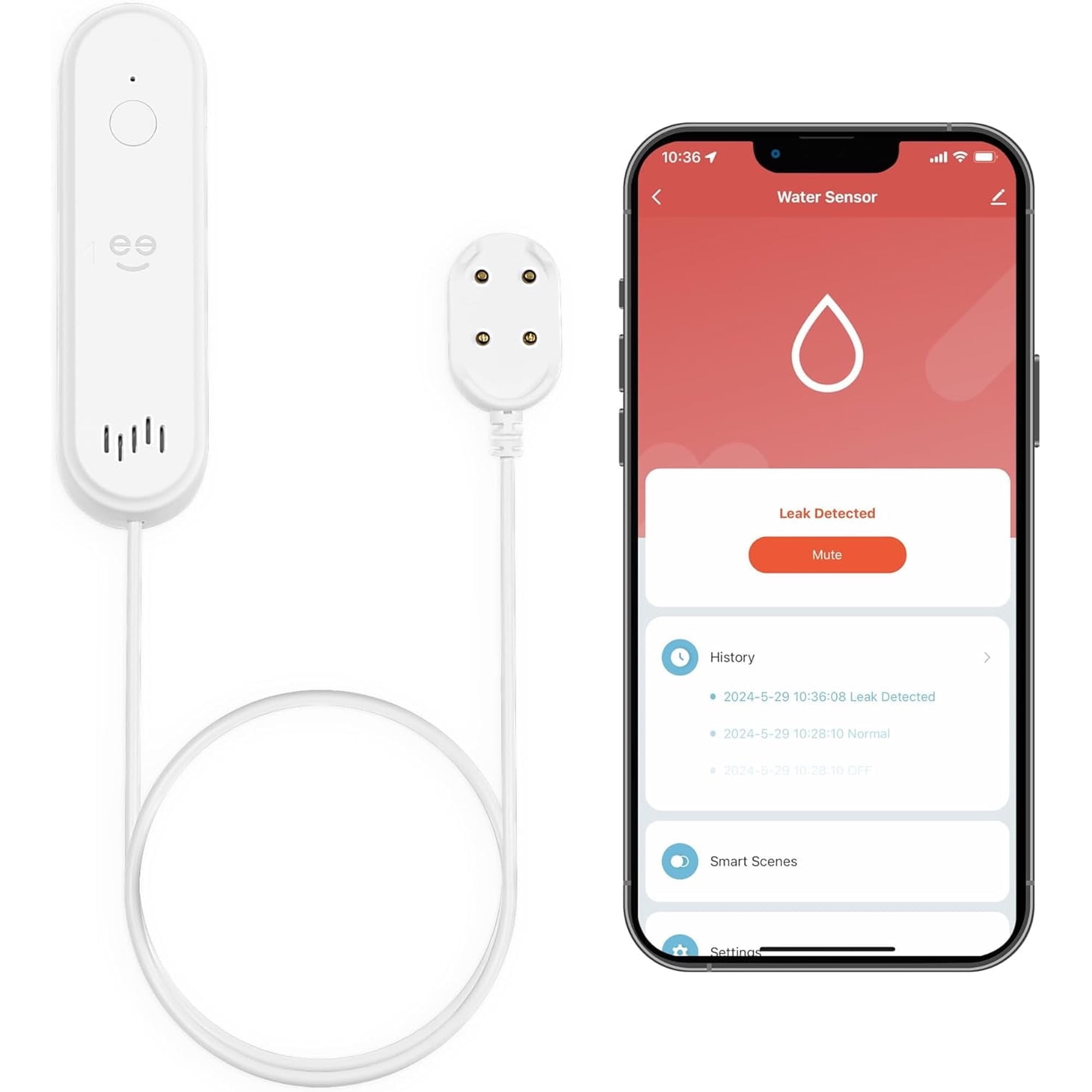 Geeni Smart WiFi Water Leak Detector & Sensor, 80dB Alarm for Basement, Kitchen, Bathroom, White